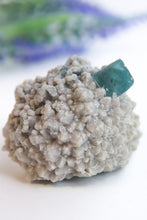 Load image into Gallery viewer, Blue Green Cubic Fluorite on Candle Quartz